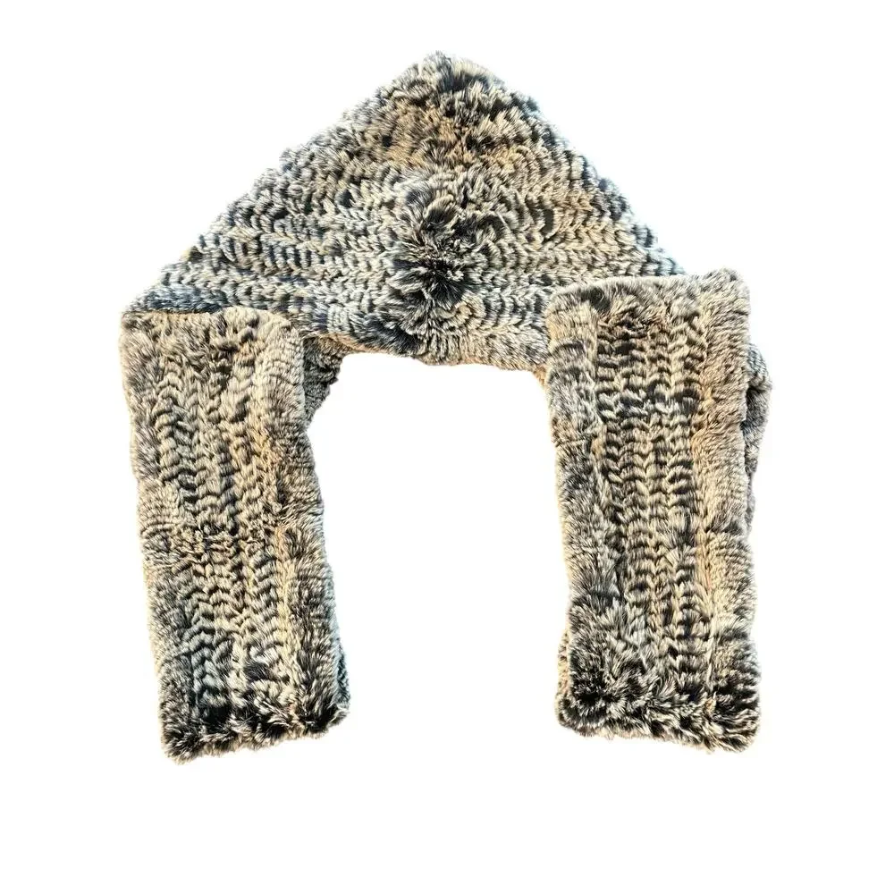 Real Genuine Rex Rabbit Fur Knitted Hooded Scarf Gray Brown Chinchilla Style